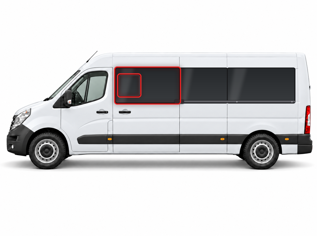 Left Privacy Front Opening MWB/LWB Glass for Renault Master (2010-2023) / Vauxhall Movano (2010-2021) / Nissan NV400 (2010 onwards) / Nissan Interstar (2022-2023)