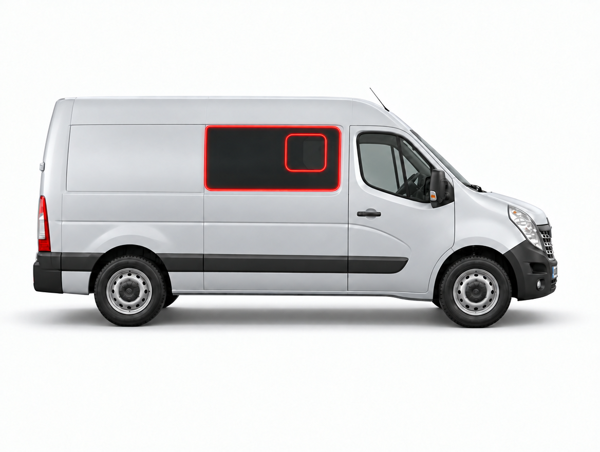 Right Privacy Front Opening MWB/LWB Glass for Renault Master (2010-2023) / Vauxhall Movano (2010-2021) / Nissan NV400 (2010 onwards) / Nissan Interstar (2022-2023)