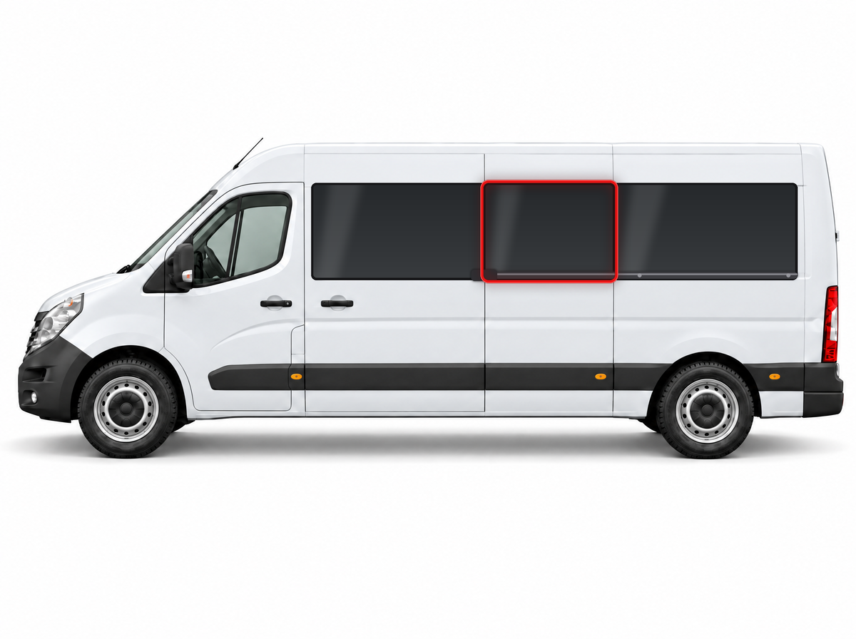 Left Privacy Centre Fixed LWB Glass for Renault Master (2010-2023) / Vauxhall Movano (2010-2021) / Nissan NV400 (2010 onwards) / Nissan Interstar (2022-2023)